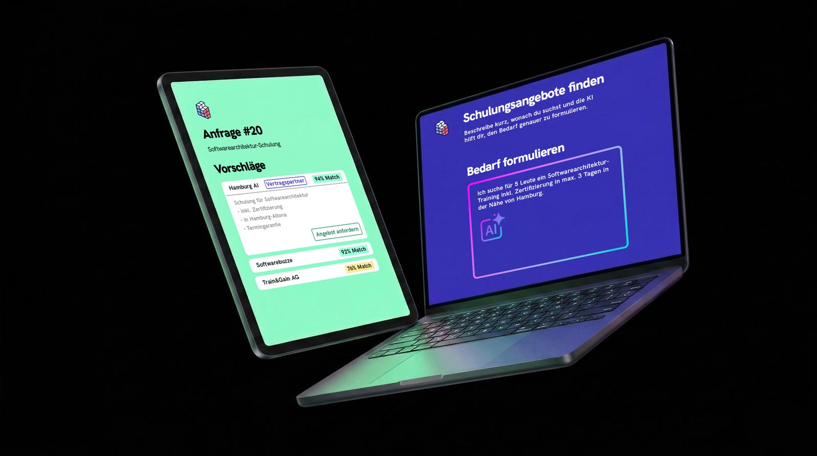 Produktscreenshot der haqoo-App auf Laptop und Tablet: der Laptop zeigt die KI-gestützte Suche nach Schulungsangeboten, bei der Nutzer:innen ihren Bedarf in natürlicher Sprache beschreiben; das Tablet zeigt eine Rangliste passender Anbieter für eine Softwarearchitektur-Schulung