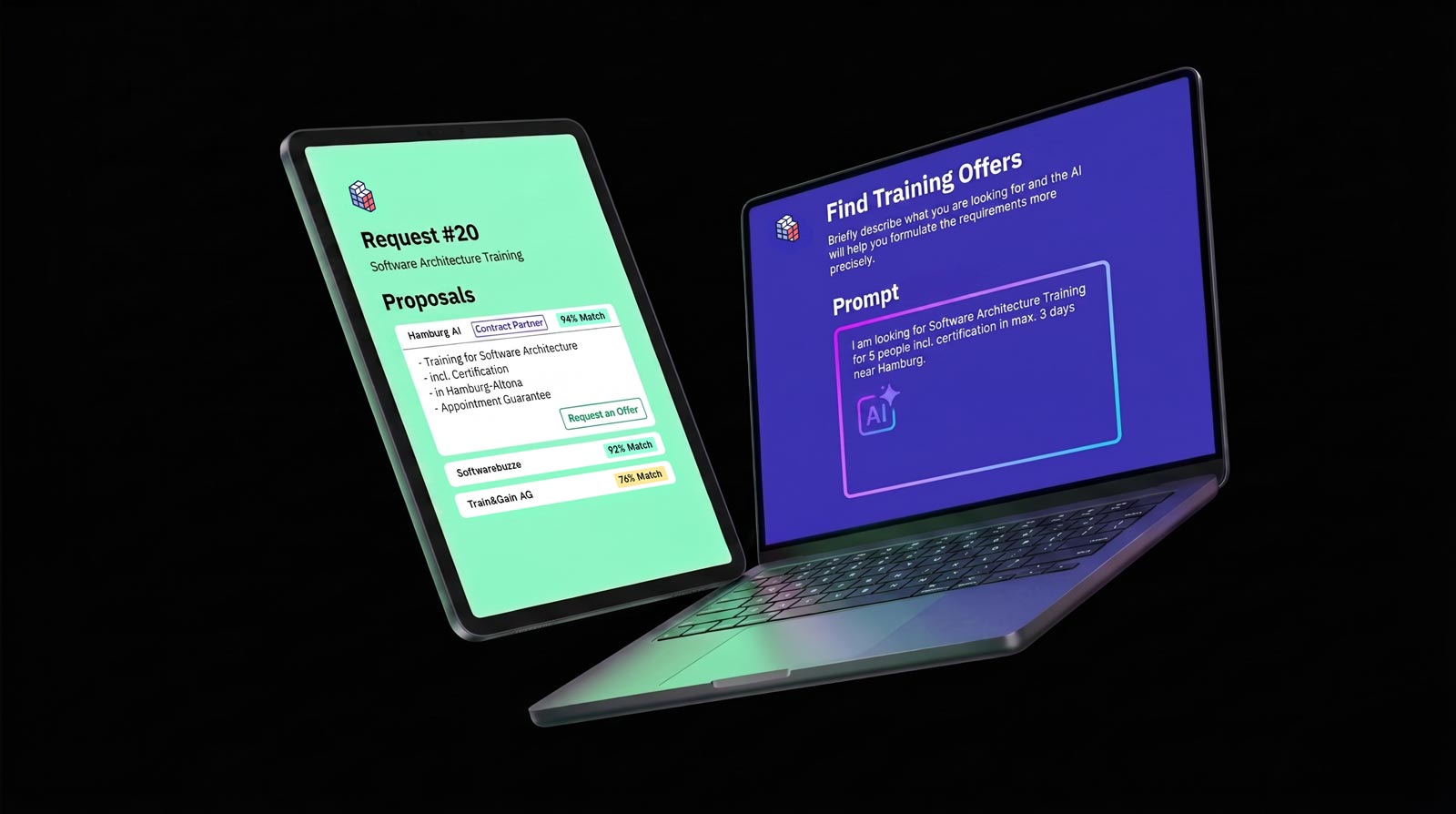 Product screenshot of the haqoo app on a laptop and tablet: the laptop shows the AI-powered training search where users describe their needs in natural language; the tablet displays a ranked list of matched training providers for a software architecture request